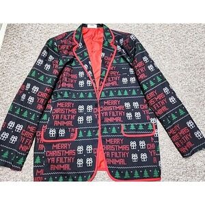 Holiday Time Merry Christmas Ya Filthy Animal Button Jacket Coat Pocket XL 46-48
